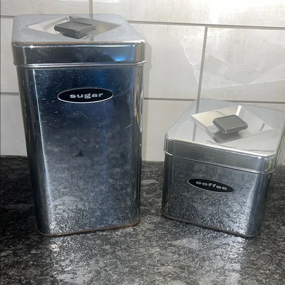 Chrome Sugar and Coffee Canister Set. Diamond shape knobs.